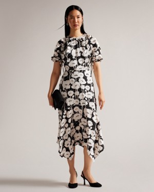 Black Ted Baker Abriee Puff Sleeve Midi Women's Dress | 812037-ZMC