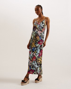 Black Ted Baker Adamela Double Layer Slip Midi Women's Dress | 924105-OVH