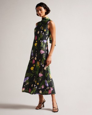 Black Ted Baker Addilin Cowl Neck Midi Slip Women's Dress | 365491-SPB