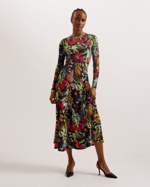 Black Ted Baker Alexann Printed Long Sleeved Women's Dress | 716208-RFT