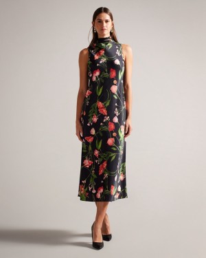 Black Ted Baker Connihh Cowl Neck Midi Slip Women's Dress | 674029-XYV