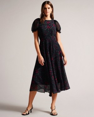 Black Ted Baker Daniaa Graduated Midi with Ruched Puff Sleeve Women's Dress | 652849-IAF