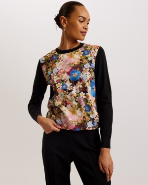 Black Ted Baker Delbi Printed Woven Front Women's Sweaters | 621845-YSP