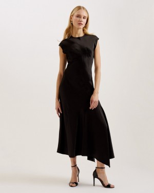 Black Ted Baker Frasia Asymmetric Midi With Curved Seams Women's Dress | 571209-CLI