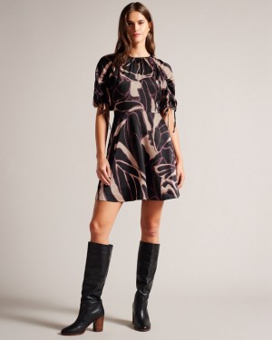 Black Ted Baker Gilliaa Printed Mini Fit and Flare with Puff Sleeve Women's Dress | 031586-IHA