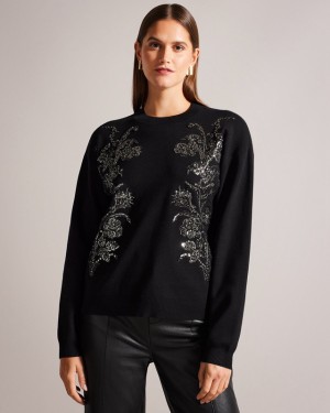 Black Ted Baker Hazlie Embellished Women's Sweaters | 195036-WGS