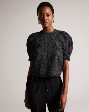 Black Ted Baker Ingriid Boxy Puffed Sleeve Women's Tops | 085129-SUJ