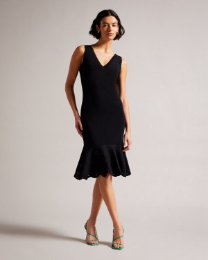 Black Ted Baker Juliann Broderie Stitch Midi Knit Women's Dress | 457698-TND