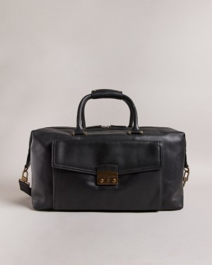 Black Ted Baker Kalsin Trunk Lock Leather Men's Duffle Bags | 512389-GXI