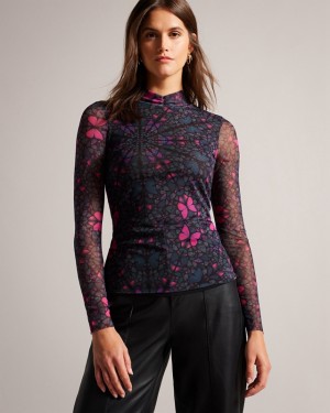 Black Ted Baker Kamill Mesh Fitted with High Neck Women's Tops | 246150-MPF