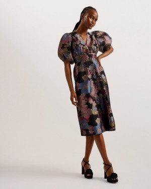 Black Ted Baker Matsea Button Front Jacquard Midi Women's Dress | 508214-UFH