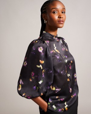 Black Ted Baker Niycole High Neck with Balloon Sleeves Women's Tops | 694825-NHF