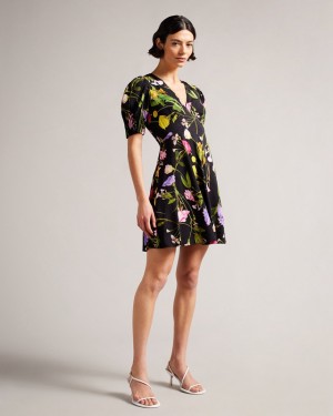 Black Ted Baker Opallie Mini Puff Sleeve Tea Women's Dress | 712498-ALI