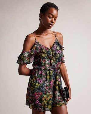 Black Ted Baker Priyahh Off The Shoulder Ruffle Women's Jumpsuit | 560178-KWI