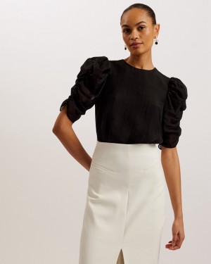 Black Ted Baker Sachiko Pleated Puff Sleeve Women's Tops | 140973-RFV