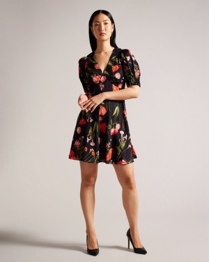 Black Ted Baker Sienno Mini Puff Sleeve Tea Women's Dress | 081536-LMY