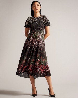 Black Ted Baker Zahrria High Low Hem with Puff Sleeve Women's Dress | 931658-DLT