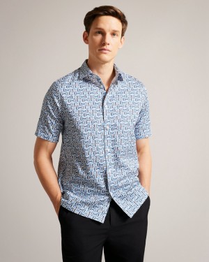 Blue Ted Baker Astun SS Cotton Stretch Geo Men's Shirts | 183527-UJT