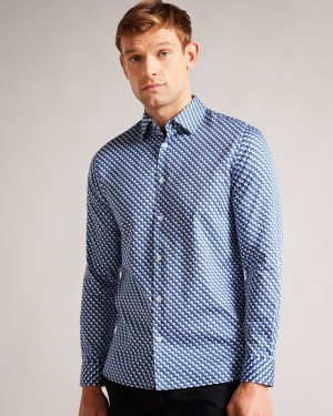 Blue Ted Baker Barder Long Sleeve Stretch Geo Men's Shirts | 739186-OKI