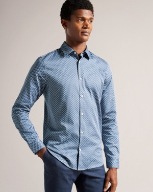 Blue Ted Baker Willuw LS Line Geo Print Men's Shirts | 125389-VIO