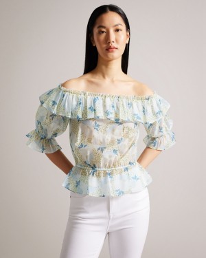 Blue / Blue Ted Baker Trisia Off The Shoulder with Elasticated Waist Women's Tops | 310295-VDG