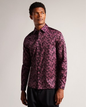 Burgundy Ted Baker Comlee LS Floral Print Men's Shirts | 291568-FAR