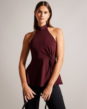 Burgundy Ted Baker Malean Twisted Waist Halter Neck Women's Tops | 429175-YAW