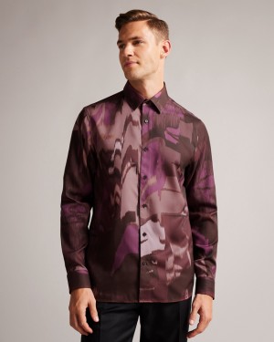 Burgundy Ted Baker Mordun LS Abstract Butterfly Print Men's Shirts | 597682-FWY