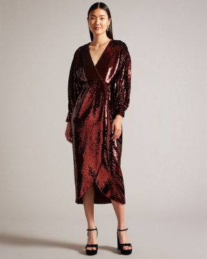 Coffee Ted Baker Emaleee Plunge Neck Sequin Midi Women's Dress | 609175-UAR