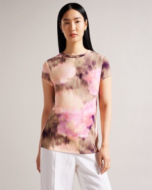 Coral Ted Baker Yazmean Printed Fitted Women's T Shirts | 918620-WNH