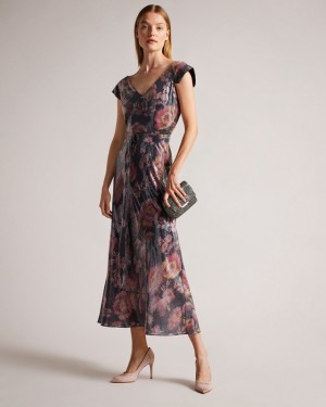 Flower Ted Baker Ninia Bias Cut Self Belted Midi Women's Dress | 329470-OQC