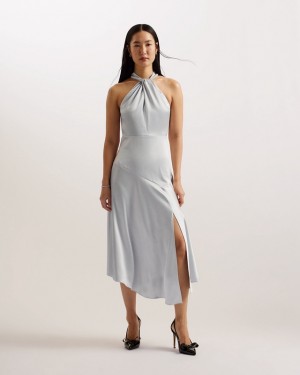 Grey Ted Baker Masae Twist Neck Midi Women's Dress | 049186-RTQ