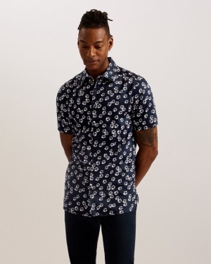 Navy Ted Baker Alfanso SS Cotton Floral Men's Shirts | 031684-LGV