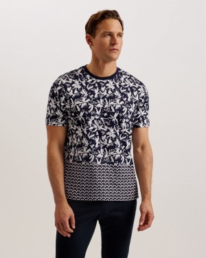 Navy Ted Baker Dodems SS Regular Printed Men's T Shirts | 027865-BRZ