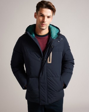 Navy Ted Baker Kinmont Short Hooded Puffer Men's Jackets | 450693-HMZ