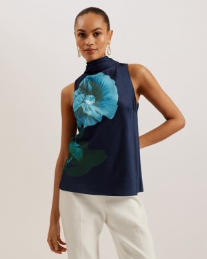 Navy Ted Baker Setsuko Cowl Neck Sleeveless Women's Tops | 582340-YTK