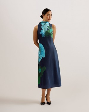 Navy Ted Baker Timava Cowl Neck Midi Slip Women's Dress | 318249-PLK