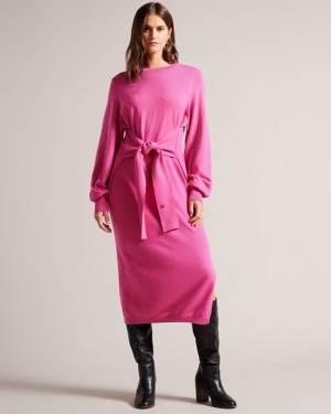 Pink Ted Baker Essya Slouchy Tie Front Midi Knit Women's Dress | 294503-ALY