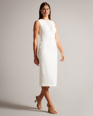 White Ted Baker Elissii Bodycon Midi with Sheer Panelling Women's Dress | 386901-NCZ