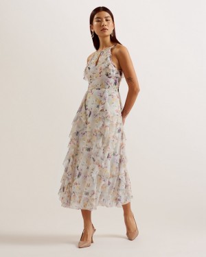 White Ted Baker Lauriin Halterneck Midi With Ruffles Women's Dress | 125607-RSO