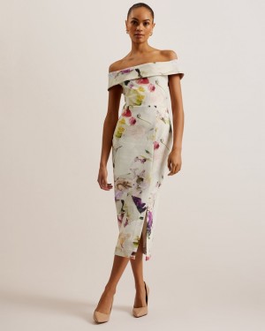 White Ted Baker Merreen Scuba Floral Midi Women's Dress | 072984-JSO