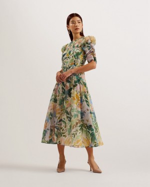 White Ted Baker Mincia Puff Sleeve Midi Women's Dress | 780356-MCT