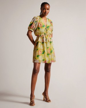 Yellow Ted Baker Isbella Mini with Puff Sleeves Women's Dress | 287463-MYH