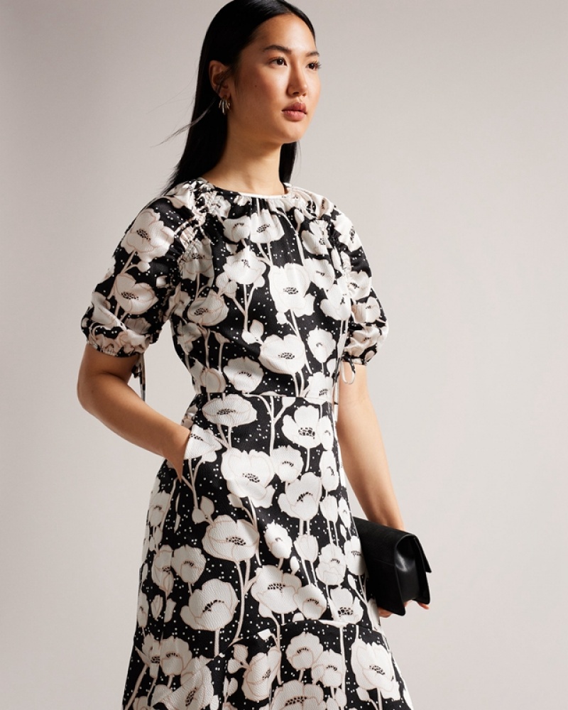 Black Ted Baker Abriee Puff Sleeve Midi Women's Dress | 812037-ZMC