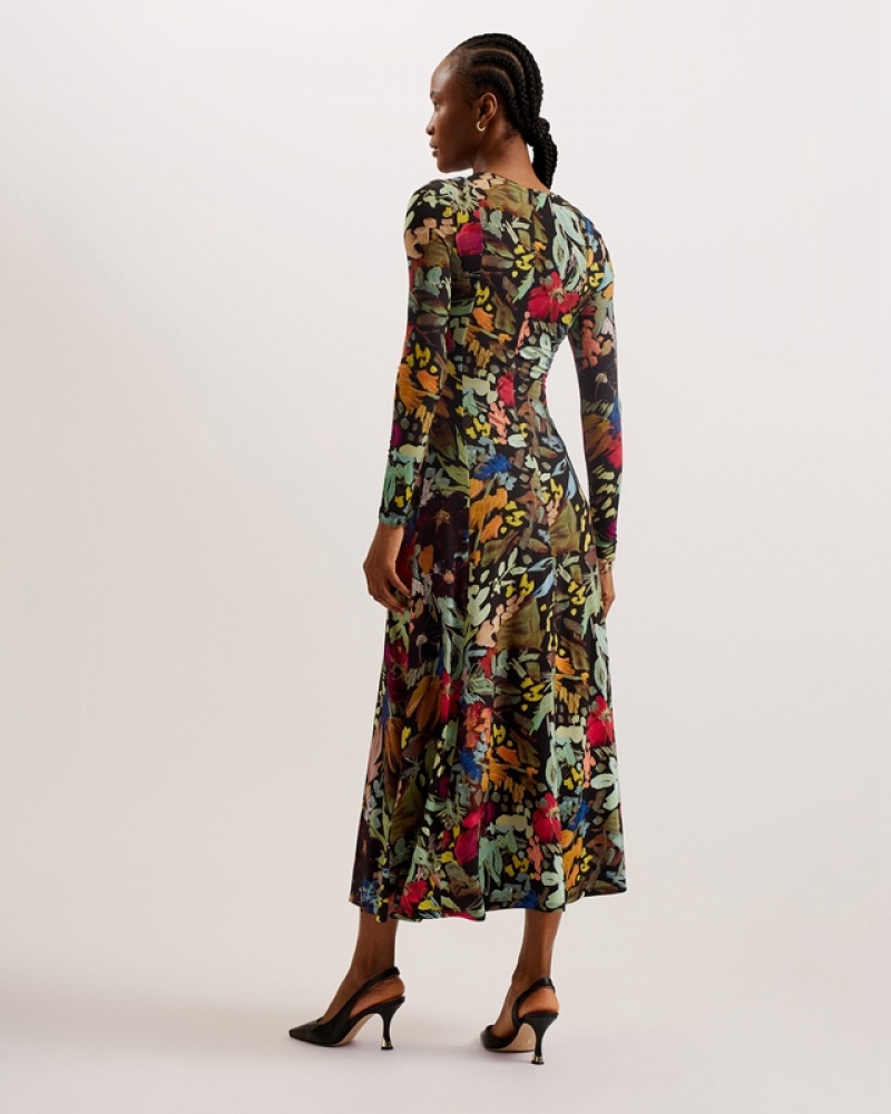 Black Ted Baker Alexann Printed Long Sleeved Women's Dress | 716208-RFT