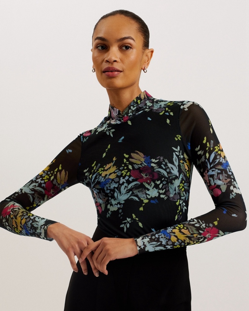 Black Ted Baker Amandha Printed Mesh Long Sleeve Women's Tops | 410623-FKC