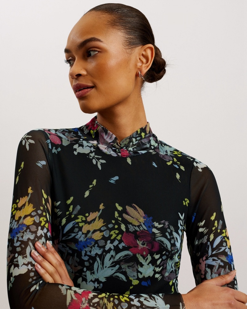 Black Ted Baker Amandha Printed Mesh Long Sleeve Women's Tops | 410623-FKC