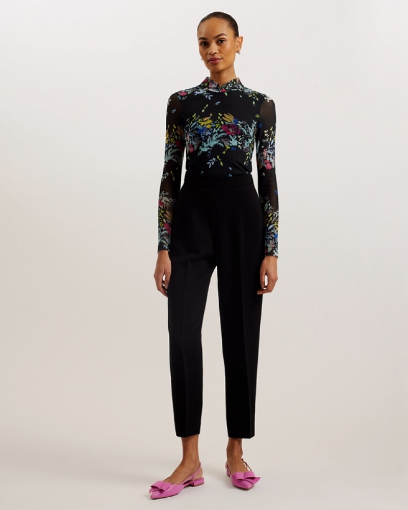 Black Ted Baker Amandha Printed Mesh Long Sleeve Women\'s Tops | 410623-FKC