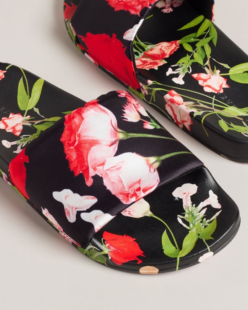 Black Ted Baker Asela Floral Printed Pool Women's Slides | 436258-LNB