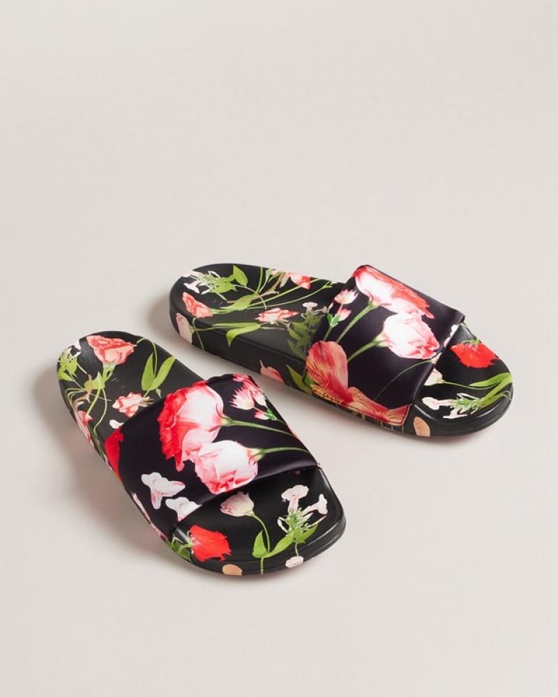 Black Ted Baker Asela Floral Printed Pool Women's Slides | 436258-LNB